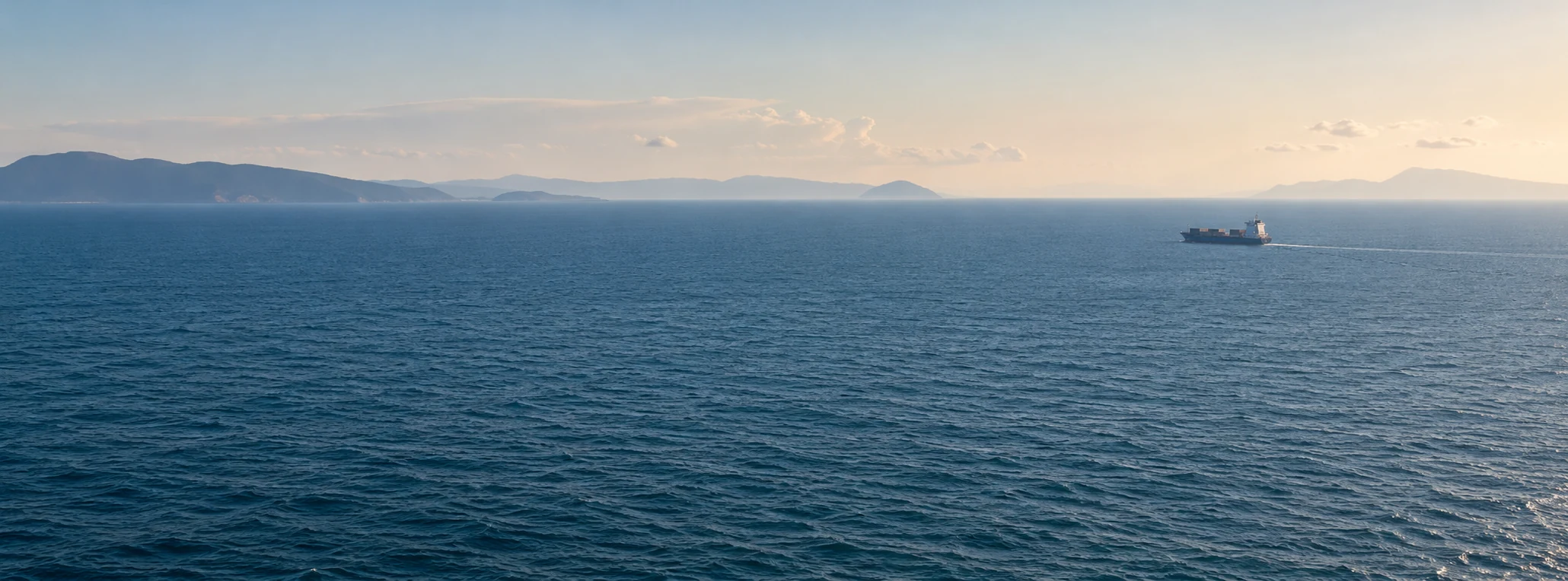 A merchant vessel on a calm sea, with a distant coastline on the horizon.